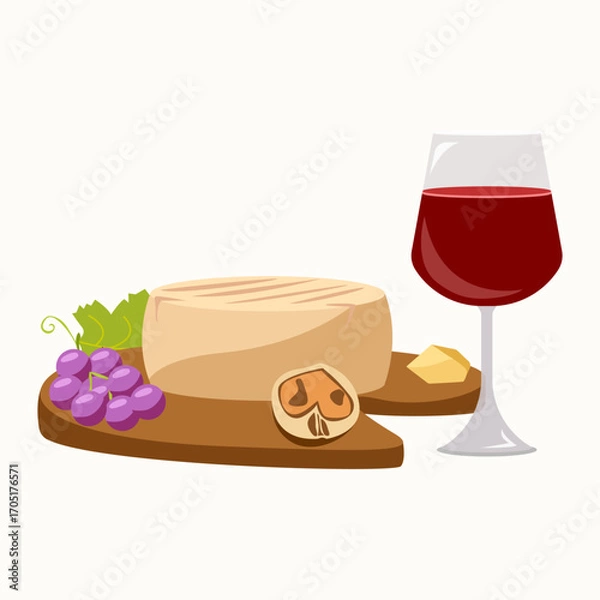 Fototapeta Cheese wheel on board with red wine glass, grapes, fig and cheese pieces. For menus, tasting notes, restaurant signage, event flyers, packaging and culinary blogs.