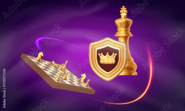 Fototapeta 3d golden shield with crown, chess piece king and chessboard. Chess Strategy for Business Leadership and Team Success Concepts. Stock vector illustration on purple isolated background. 
