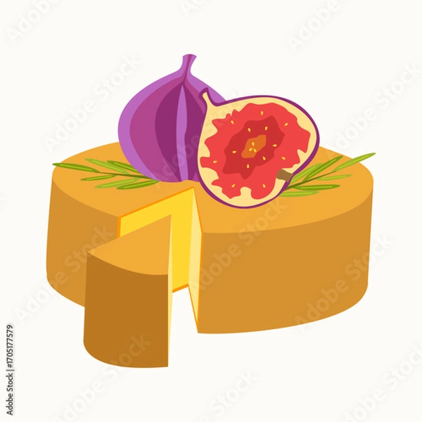 Fototapeta Cheese wheel with cut wedge, figs and rosemary on top. For menus, packaging, tasting notes, cheeseboard guides, restaurant signage and culinary blogs.