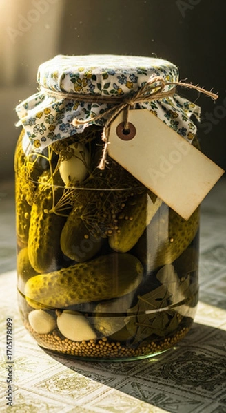 Fototapeta Glass jar of homemade pickled cucumbers with garlic, dill, mustard seeds and spices, decorated with floral fabric cover and blank label tag, concept of organic food, preservation and rustic tradition