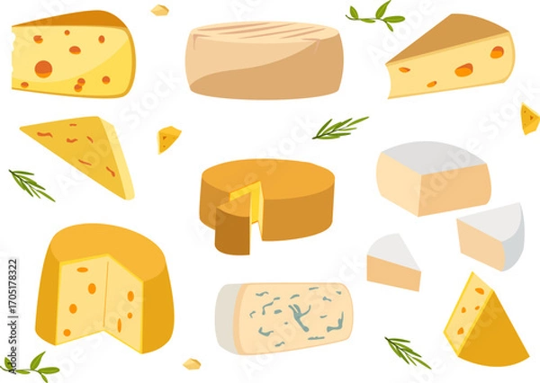 Fototapeta Cheese set with assorted wheels, wedges and slices, soft and blue varieties with herbs. For menus, packaging, tasting notes, deli labels, cheeseboard guides and blogs.