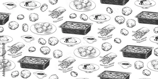 Fototapeta Seamless pattern with potato dishes in sketch style. Background with mashed potatoes, baked potatoes, raw potatoes, French fries isolated on white. Black and white engraving illustrations of food