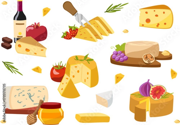 Fototapeta Cheese set with wheels wedges slices and blue cheese plus wine grapes figs tomato honey and herbs. For menus packaging tasting notes deli labels cheeseboard guides and blogs.