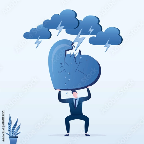 Fototapeta End of love, unhappy man holding heavy broken heart. Bad weather, rainy day, lightning strikes and destroys the heart, relationship cracks. Domestic conflicts and bullying