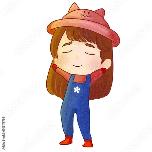 Fototapeta cartoon illustration of a woman enjoying the weather in a blue jumpsuit and cat hat