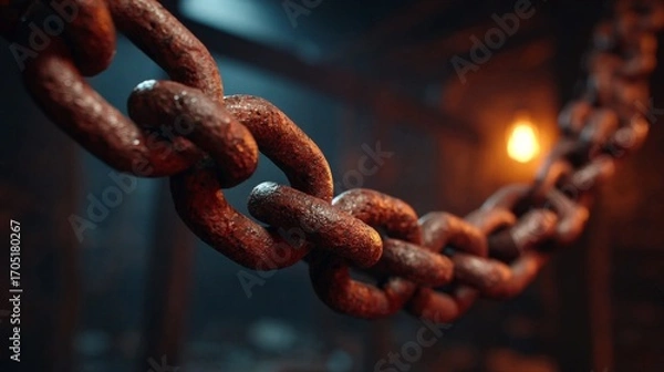 Fototapeta Rusty Chain: The worn chain, a relic of forgotten times, shows signs of the test of time, lies weathered by rust and the elements. A captivating and evocative image.