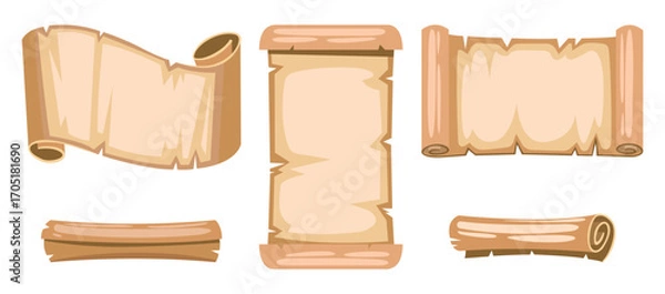 Fototapeta Illustration of different vintage-style scroll paper designs, showcasing rolled and flat configurations useful for various decorative or design purposes.