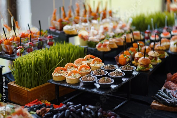 Obraz Variety of snacks on buffet table: shrimp tartlets, mini burgers, and vegetable canapés.