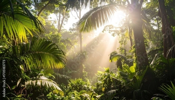 Fototapeta Sunlight streams through lush, tropical foliage. Vibrant greens, palms, and a dense canopy create a sun-dappled, humid atmosphere