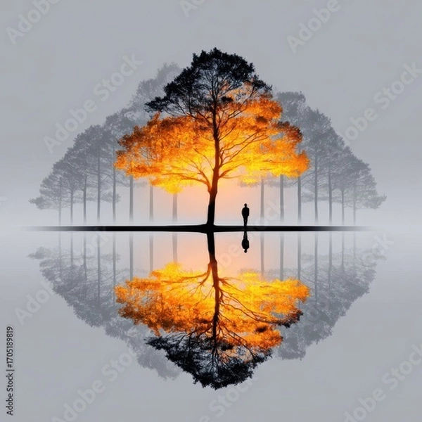 Fototapeta A serene landscape featuring a silhouette of a tree reflected in calm waters at sunset, embodying tranquility and nature's beauty.