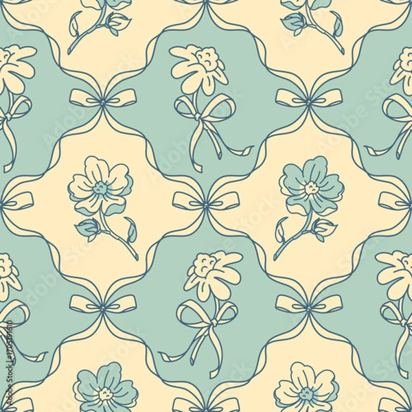 Fototapeta Seamless pastel blue pattern with delicate flowers and ribbon curves. Perfect for textile design, wallpaper, wrapping paper, and coquette-inspired feminine decorative projects.