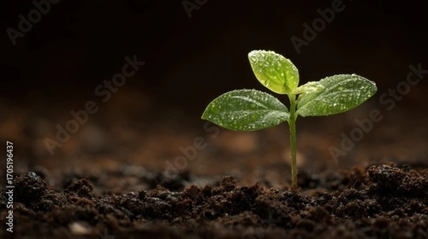 Fototapeta Seedling sprouting from dark soil leaves speckled with water droplets