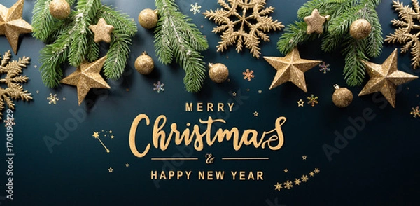 Fototapeta Christmas and new year background concept. Top view of Christmas ball, christmas brance, star and snowflake on dark background.