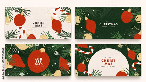 Fototapeta Merry Christmas and Happy New Year banner set with festive decorations, postcard layout, winter elements, and elegant holiday design for social media, greetings, and promotion.