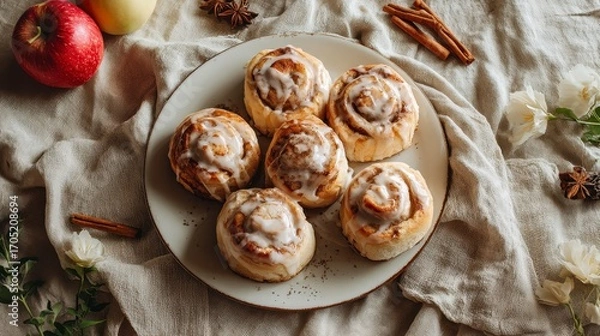 Fototapeta Six iced cinnamon rolls sit on a plate surrounded by apples spices flowers and a linen cloth