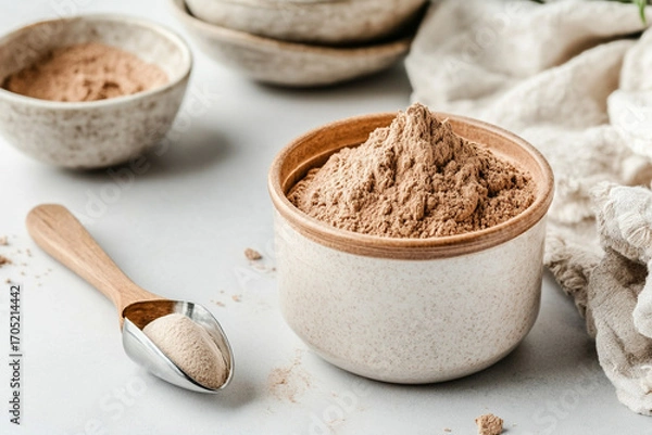 Fototapeta Protein powder container with a serving scoop on a countertop surrounded by bowls and a cloth