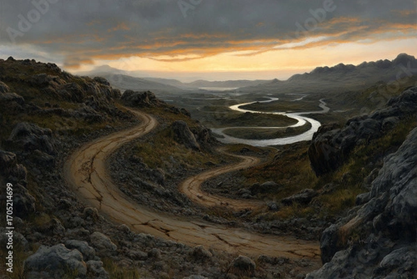 Fototapeta Cosmic landscape with rifts revealing dynamic views of distant celestial bodies beneath a dramatic sky