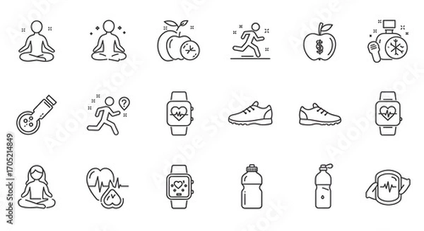 Fototapeta A simple line art icon set illustrating concepts of wellness, physical activity, nutrition, and health tracking technology for a modern lifestyle