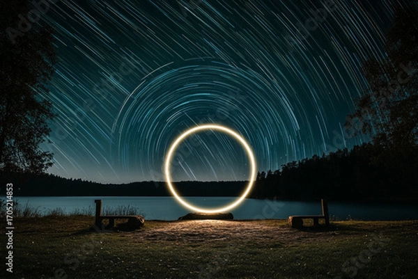 Fototapeta Cosmic wormhole visualized as a glowing portal in a starry night sky near a serene lake