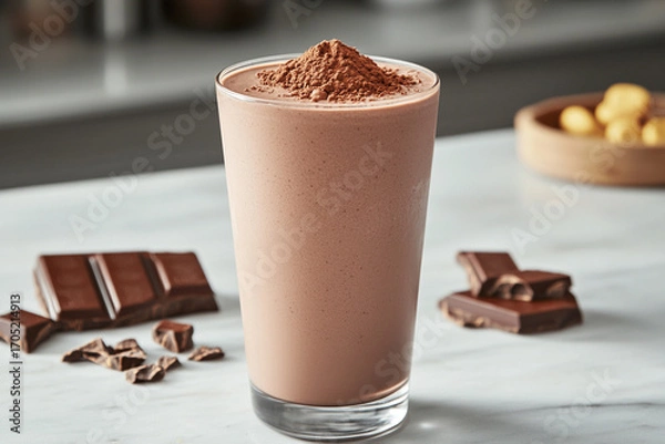 Fototapeta Delicious creamy chocolate protein shake topped with cocoa powder and surrounded by chocolate bars