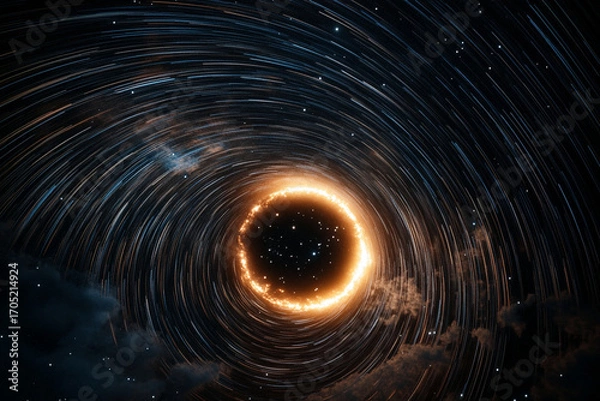 Fototapeta Cosmic wormhole visualization showing a glowing portal amidst swirling starlit patterns in the universe