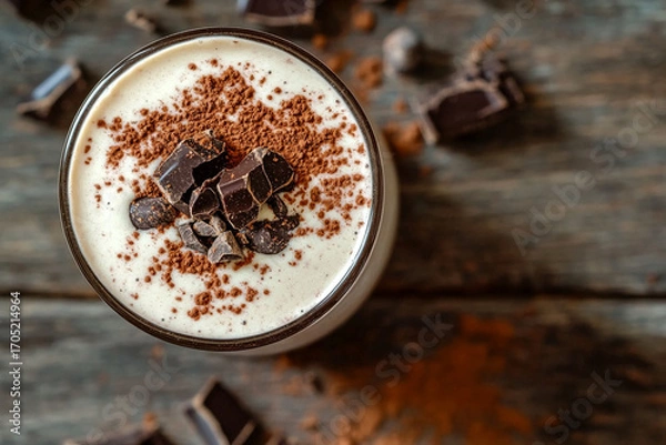 Fototapeta Creamy chocolate protein shake topped with cocoa powder and dark chocolate chunks for a nutritious treat