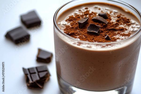 Fototapeta Creamy chocolate protein shake garnished with chocolate shavings and a sprinkle of cocoa