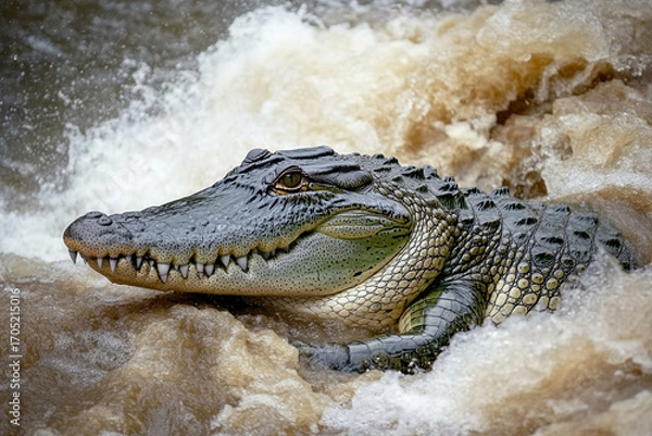 Fototapeta Crocodile resting quietly at the edge of a murky riverbank amid flowing water and stirred soil