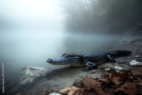 Fototapeta Crocodile lying motionless at the misty edge of an eerie mur in calm early morning light