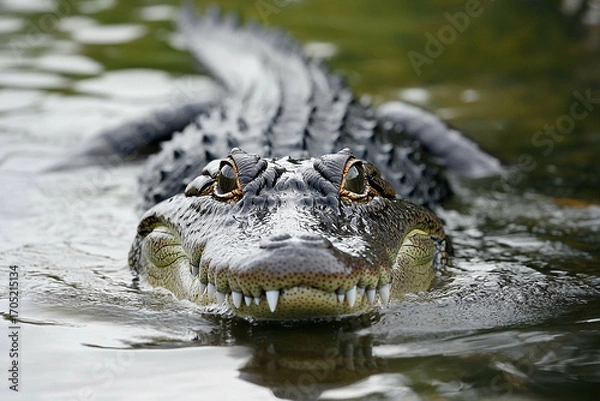 Fototapeta Crocodile rests quietly submerged with only eyes visible in tranquil waters during mid-morning hours