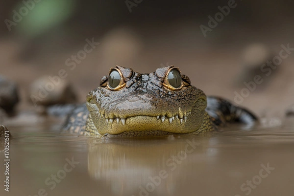 Fototapeta Crocodile lying submerged in water with only its eyes visible, patiently waiting for prey in a natural habitat