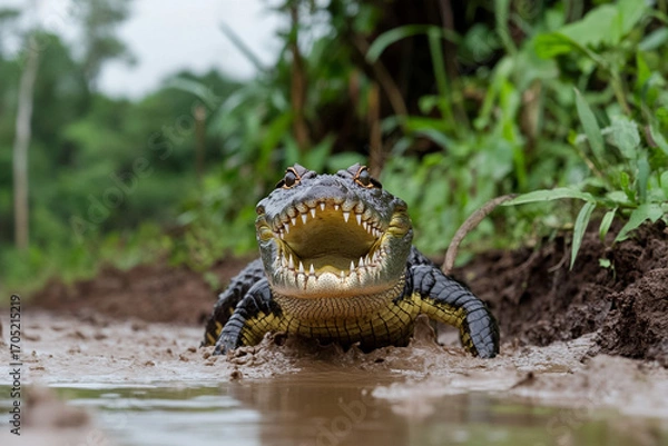 Fototapeta Crocodile opens jaws wide on the riverbank in a tropical environment during a sunny day