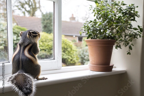 Fototapeta Curious chipmunk observes nature from a cozy windowsill during a sunny day in the garden