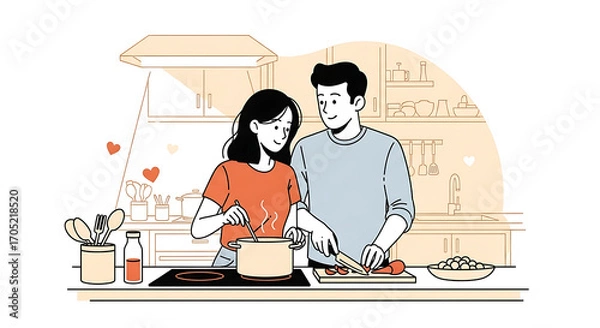 Fototapeta Loving young couple happily cooking a romantic meal together in their home kitchen, showing affection and partnership