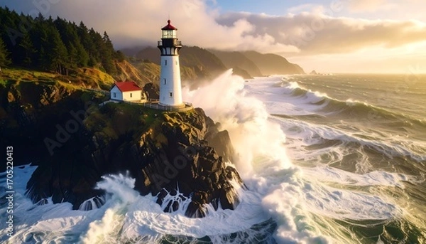 Obraz Dramatic lighthouse on a rocky coast during a storm