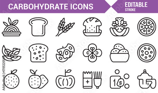 Fototapeta Healthy carbohydrate food icons collection in outline style for diet and wellness projects