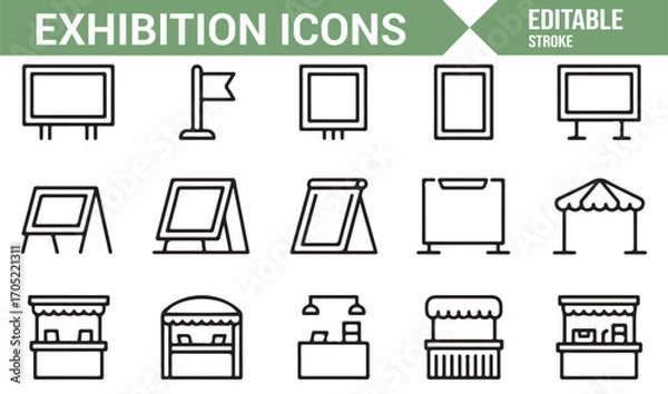 Fototapeta Outline style exhibition elements including stands, signage, tents, and kiosks