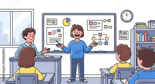 Fototapeta Confident young student presenting a school project on a whiteboard to the teacher and classmates in a lively classroom setting