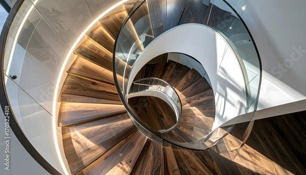 Obraz Architectural detail of a spiral staircase with transparent glass and polished wooden steps. The elegant, curved form creates a mesmerizing pattern leading upward