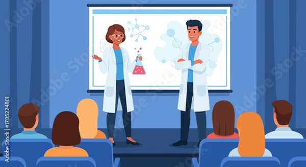 Fototapeta Scientists presenting research at a medical innovation forum during a professional conference