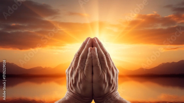 Obraz Praying hands at sunrise with glowing light
