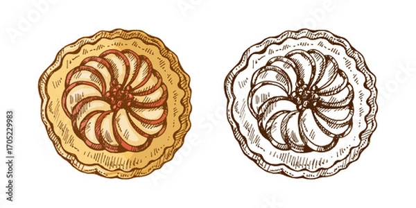 Fototapeta Hand drawn vintage sketch set of round apple pie with slices and berries on top monochrome and color illustration