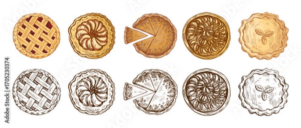 Fototapeta Hand drawn vintage sketch set of assorted sweet pies and tarts with lattice crust, sliced and whole illustrations