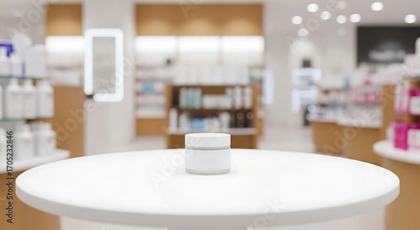 Fototapeta White cosmetic cream jar with blank label stands on a white table inside of a brightly lit drugstore.