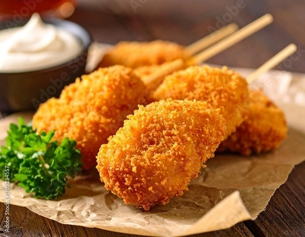 Obraz Crispy fried food skewers on parchment paper