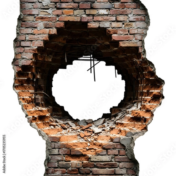 Obraz A circular hole blasted through a crumbling red brick wall, symbolizing a powerful breakthrough, opportunity, or escape, isolated on a white background