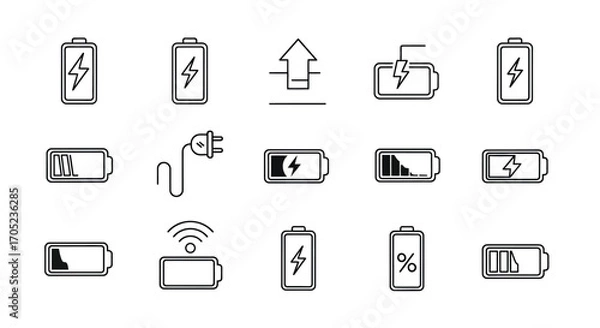 Fototapeta Collection of battery icons and charging symbols silhouette