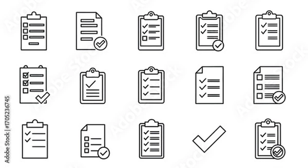 Fototapeta Collection of clipboard checklist and tick mark icons silhouette