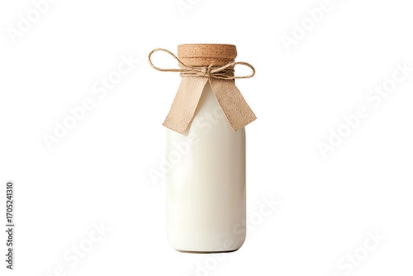 Fototapeta Glass bottle of fresh milk with a rustic twine bow on a white isolate background.