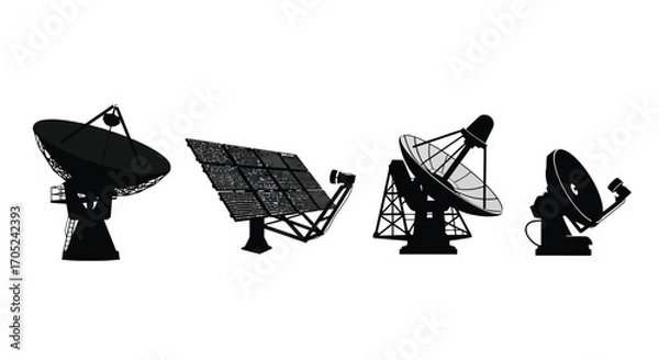 Obraz Collection of four distinct satellite dish silhouettes on white background
